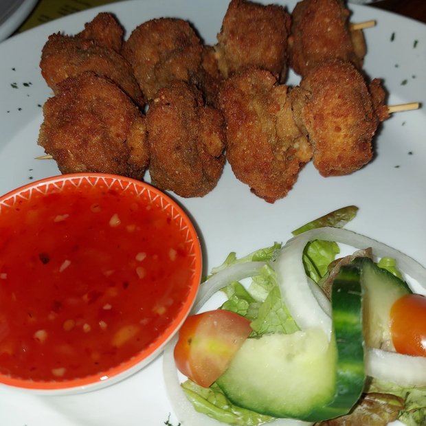 Crumbed chicken skewers with sweet chilli
